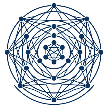 A complex geometric pattern featuring interconnected circles and lines