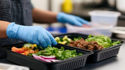 Obraz premium A person wearing blue gloves assembles a meal tray with fresh vegetables and cooked meat for delivery or hospital use