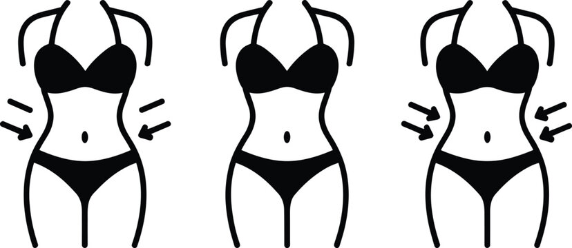 Female body silhouettes with arrows indicating weight loss progress during healthy lifestyle