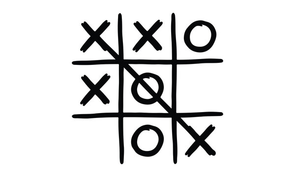 Hand drawn tic tac toe game board with a winning diagonal line of x marks on white background