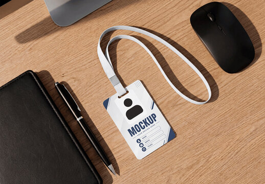 Id Badge Desk Flatlay Mockup
