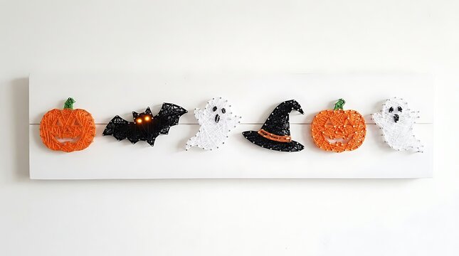 Halloween String Art Set With Pumpkins Bats Ghosts And Witch Hat On White Background