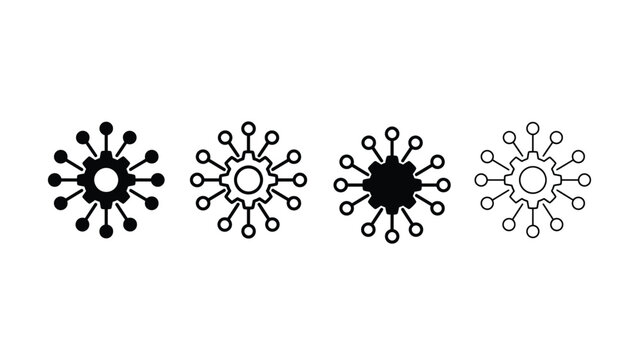 Four black and white gear icons with connected nodes on white background