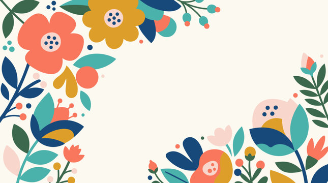 Abstract floral background featuring a beautiful arrangement of colorful flat flowers and delicate leaves, set on a clean cream backdrop for elegant branding, social media posts, and creative design.