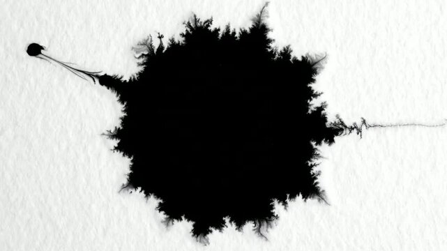 Black ink drop spreading on white textured paper macro abstract background, for creative projects