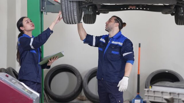 Mechanic auto repair car lift vehicle inspection in garage, tire and alignment check with teamwork, technician using clipboard and gloves during maintenance service undercarriage review in workshop