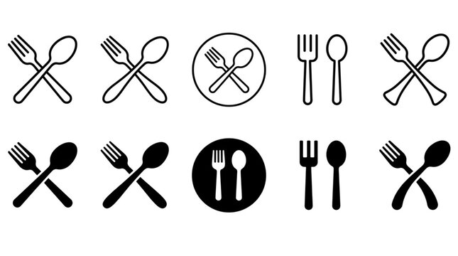 Versatile Set of Flat Design Cutlery Icons - Forks, Spoons, and Knives in Silhouette and Outline Styles for Graphic Design Needs