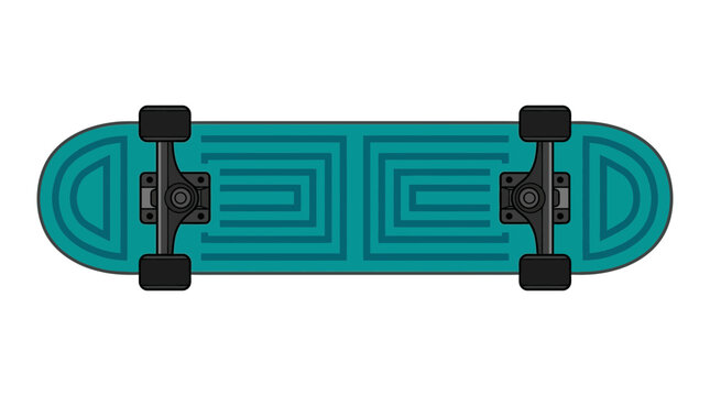 Teal Skateboard Deck with Geometric Pattern and Black Wheels Bottom View Vector