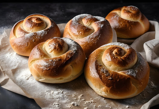 Freshly baked ensaimadas with powdered sugar on parchment paper, traditional Spanish pastry, sweet bread dessert