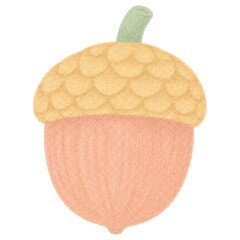 Acorn with a scaled cap and green stem hand drawn in crayon © 형진 이