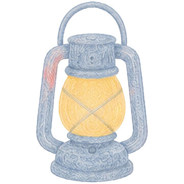 Vintage oil lantern with a warm glow drawn in colored pencil