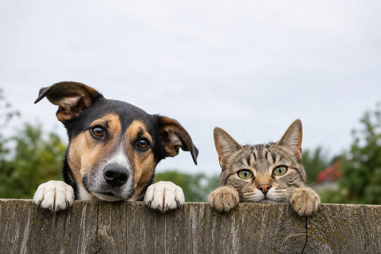 Dog and cat heads above wooden fence, pet togetherness concept