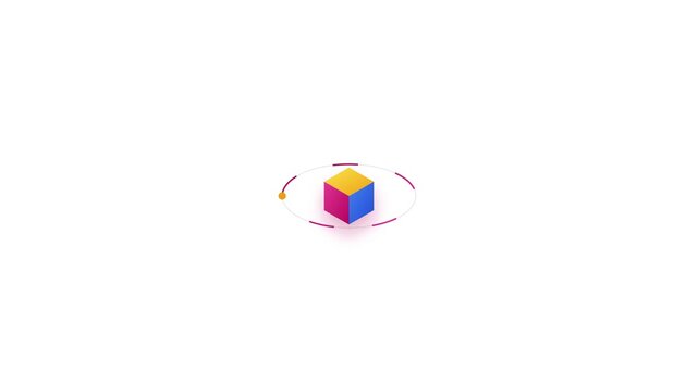 Colorful isometric cube rotating with orbital line animation