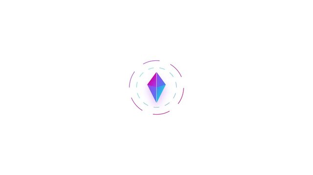 Abstract diamond icon with rotating rings in vibrant gradients