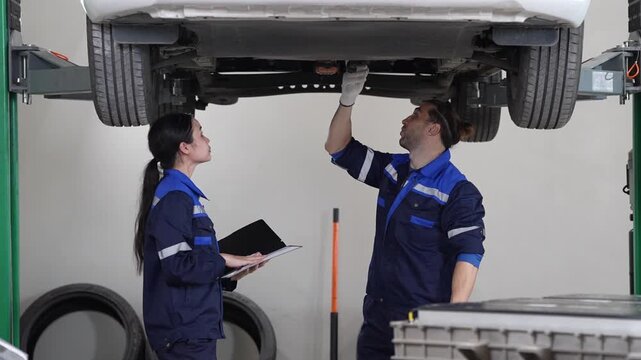 Auto mechanic on car lift vehicle inspection in repair shop, service technician man and woman use clipboard for undercarriage diagnosis, teamwork during routine maintenance in garage workshop