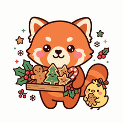 Fototapeta premium Cute Kawaii Red Panda Christmas Cookies Clipart Vector