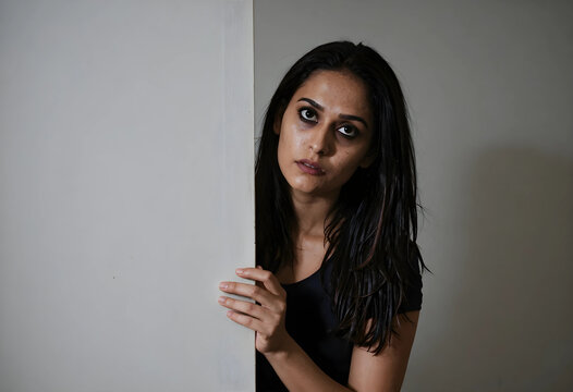 Young indian woman with dark circles under her eyes peeking from behind a wall, looking tired and worried