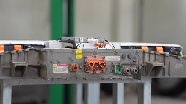 Electric vehicle battery pack lithium ion high voltage connector, power module for automotive engineering, traction battery housing close up with wiring harness and safety labels in factory