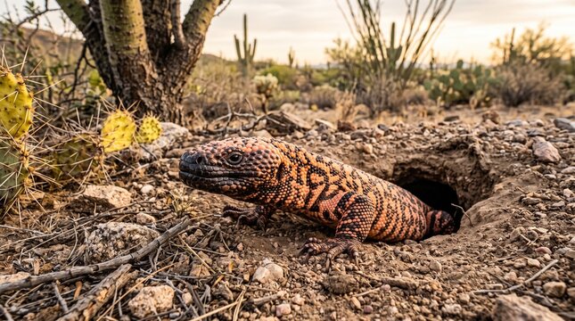 gila monster emerging from burrow