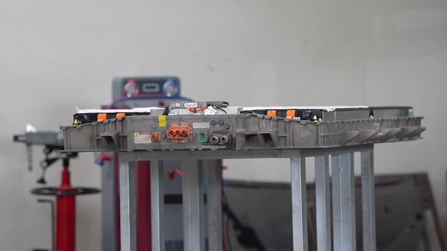 Electric vehicle battery pack high voltage connector workshop repair maintenance, lithium ion traction battery module on metal stand in garage, wiring ports terminals visible for testing