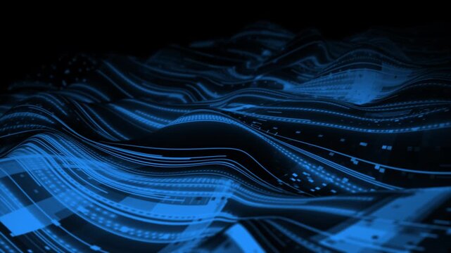 Royal blue color abstract 3d digital data wave with glowing particles and dynamic lines on a hi-tech technology dark background