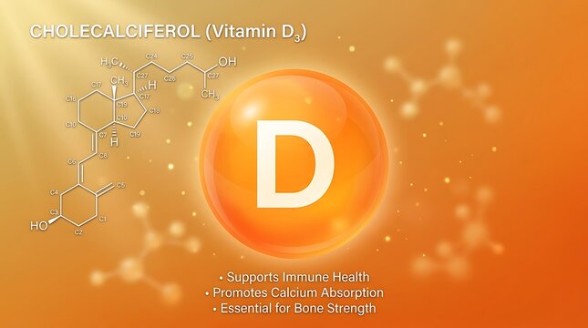 Vitamin D3 Cholecalciferol Molecule Structure With Benefits For Immune Health And Calcium Absorption