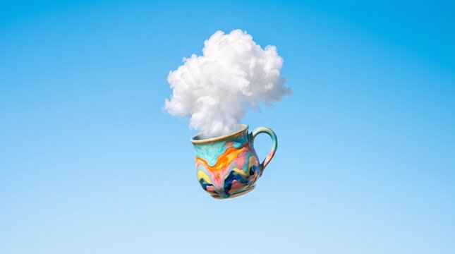A surreal artistic ceramic coffee mug floating against a vibrant clear blue sky background with a fluffy white cloud rising from it like steam, representing a dreamlike morning coffee concept.