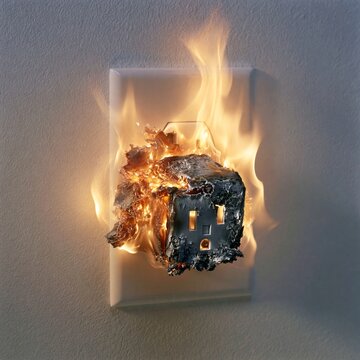 A close-up view of an electrical wall outlet engulfed in flames