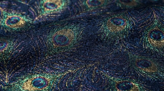 Close up of iridescent peacock feather pattern on dark fabric