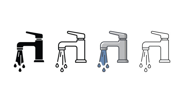 Four different faucet icons with water droplets on white background