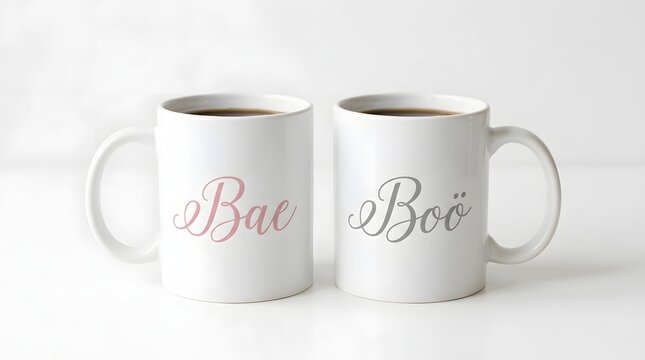 Two white coffee mugs with bae and boo text isolated on white background