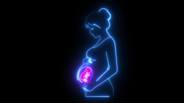 Neon Glowing Outline Animation of Pregnant Mother with Baby Fetus on Black Background.Cyberpunk Style Neon Line Silhouette of Pregnancy Concept Motion Graphics Video Loop