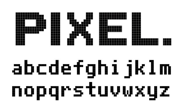 Black And White Pixel Font Display With Full Alphabet And Period Character