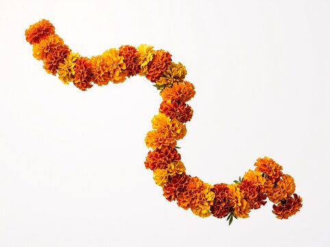 A beautiful winding garland made of vibrant orange and yellow marigold flowers arranged in a graceful S-curve shape, isolated on a clean white background, perfect for festive decoration themes.