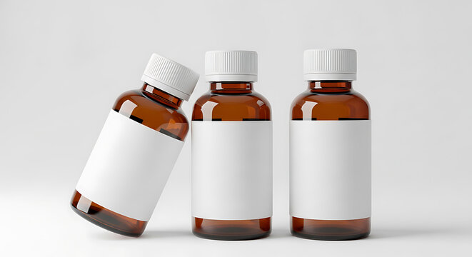 Set of Three Amber Glass Medicine Bottles with Blank White Labels for Pharmaceutical Packaging