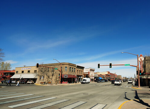 Cody, WY - USA - 5-6-2026: Shops and restaurants in downtown Cody, Wyoming