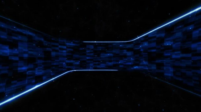 Futuristic blue pixel room visual curved side walls, bright neon edges, dark center space, deep virtual perspective. for data centers, cyber tunnels, 19 loops, and digital motion backgrounds.
