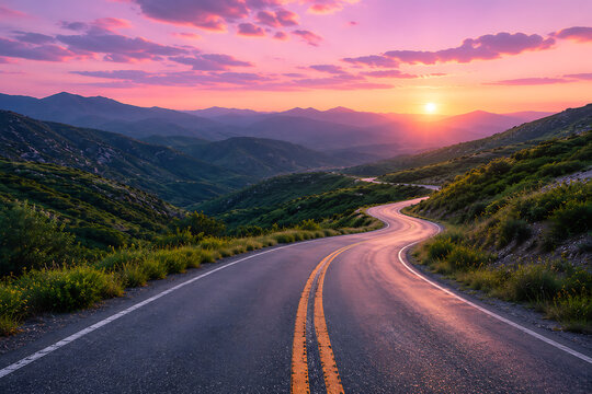 Serpentine mountain road winds through lush highland valley beneath pastel pink sunset creating tranquil scenic journey inspiring travel freedom adventure and discovery outdoors