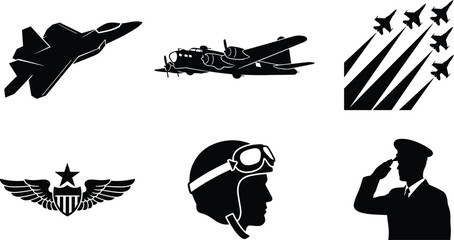 Military Aviation Icon Set with Jet Fighters Vintage Airplane Pilot Helmet and Saluting Officer Silhouettes © MdAlamgir