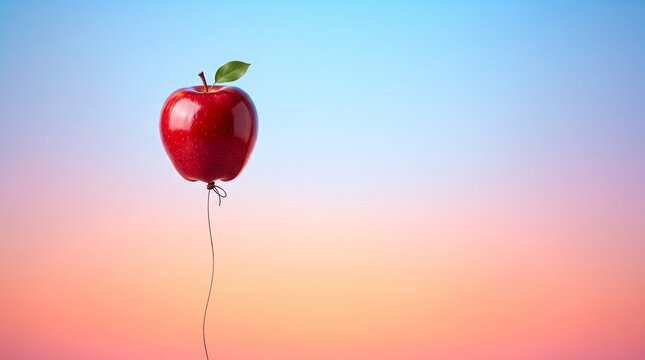 A single shiny red apple floating like a balloon against a soft gradient sunset background, creative concept of healthy eating and light food choices, minimalist artistic studio photography.