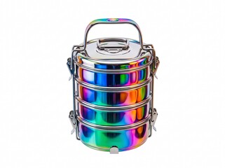 Obraz premium A modern iridescent stainless steel tiffin carrier lunch box with four stackable compartments isolated on white background, stylish eco-friendly food storage container for work or travel.