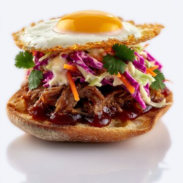 Toasted ciabatta bread half golden-brown with meat, egg and gabbage
