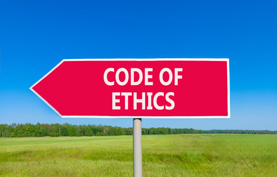 Code of ethics words symbol. Concept words Code of ethics on beautiful red road sign. Beautiful blue sky green field background. Business Code of ethics concept. Copy space.