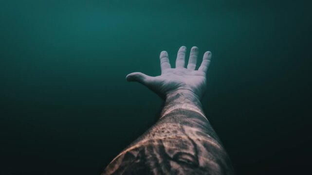 Reach toward the surface underwater in deep blue ocean with outstretched hand 4K

📋