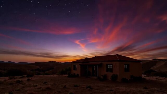 Adobe house sits in desert hills at sunset with vibrant colorful clouds above