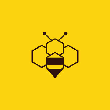 Stylized Bee Icon with Honeycomb Elements on Yellow Background.