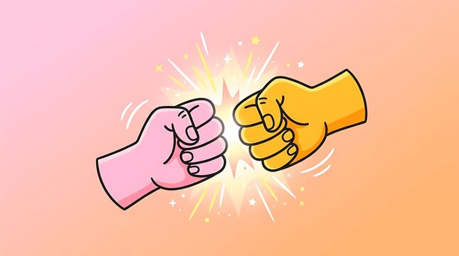 Bright Illustration Of Two Cartoon Fists Bumping With Explosive Sparkle Effect For Competition Or Victory Theme