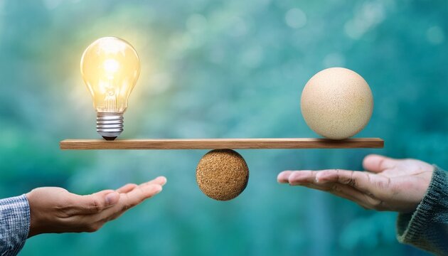 hand balancing a beam with a lightbulb for fact and sphere for myth visualizing the contrast between truth and fiction information literacy concept for education and journalism marketing