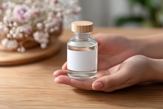 Spa product scene featuring hands presenting a clear glass skincare bottle on a wooden surface with minimalist natural styling