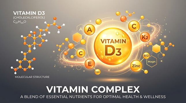 Vitamin D3 Molecular Structure And Complex Nutrients For Health And Wellness Illustration